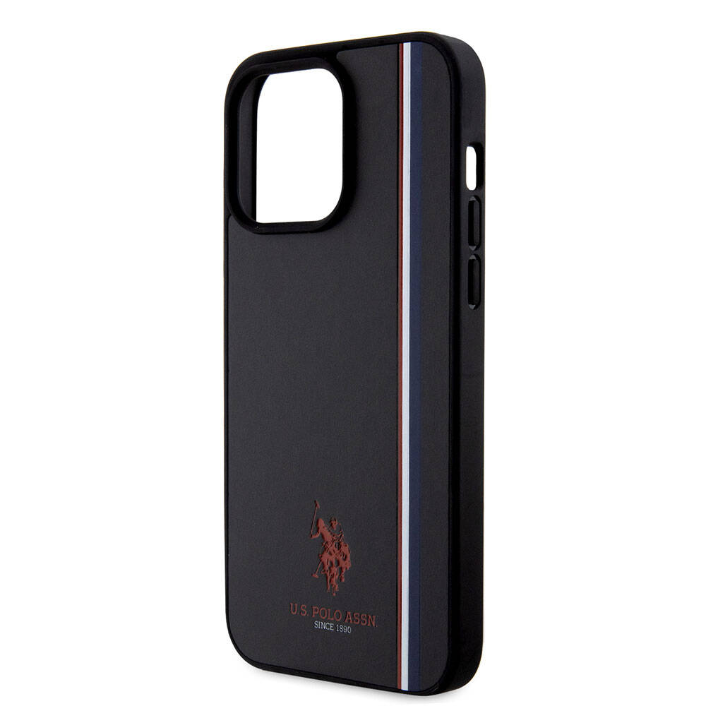 Apple iPhone 15 Pro Max Kılıf U.S. Polo Assn. Orjinal Lisanslı Üç Renk Şerit Tasarımlı Baskı Logolu Kapak Siyah