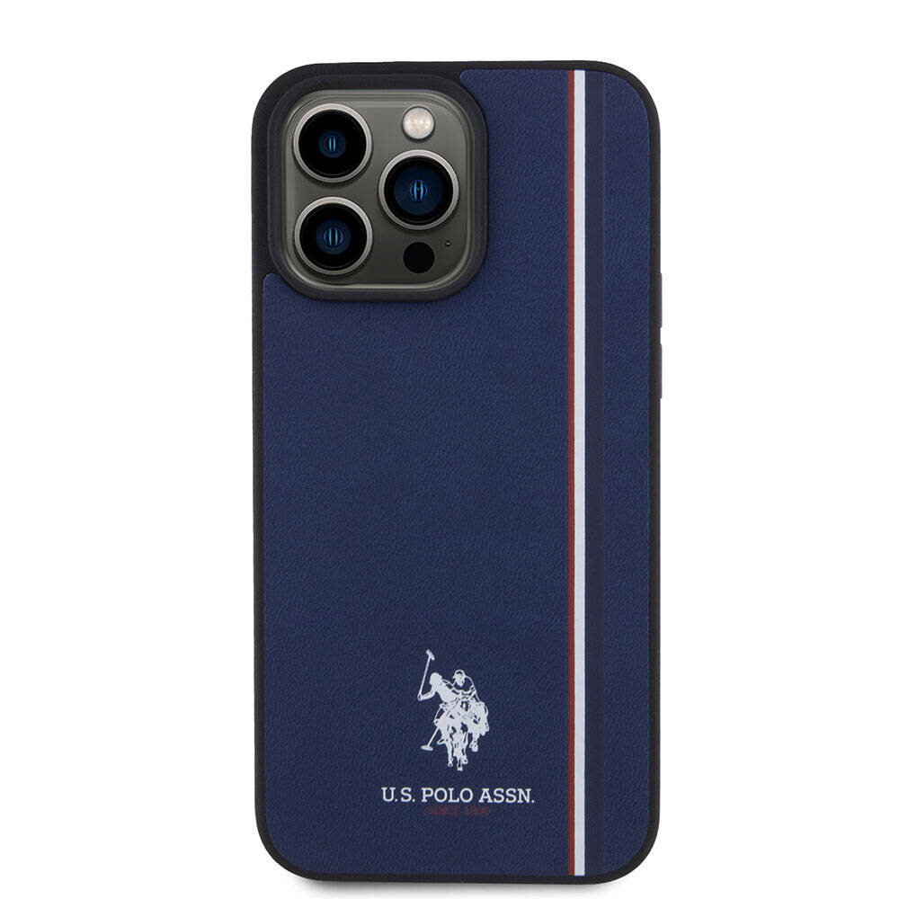 Apple iPhone 15 Pro Max Kılıf U.S. Polo Assn. Orjinal Lisanslı Üç Renk Şerit Tasarımlı Baskı Logolu Kapak Lacivert
