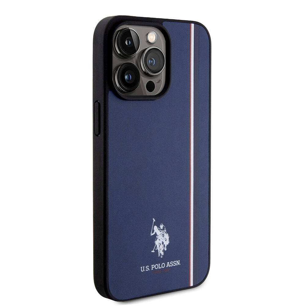 Apple iPhone 15 Pro Max Kılıf U.S. Polo Assn. Orjinal Lisanslı Üç Renk Şerit Tasarımlı Baskı Logolu Kapak Lacivert