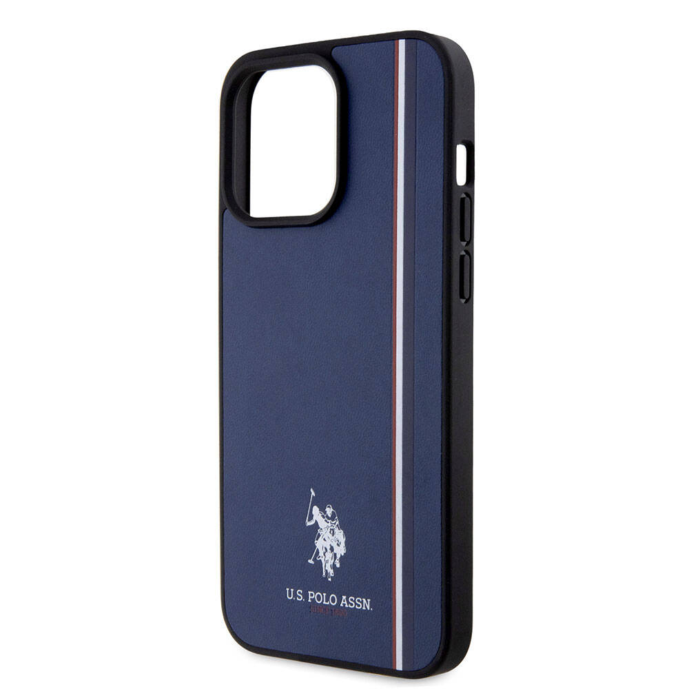 Apple iPhone 15 Pro Max Kılıf U.S. Polo Assn. Orjinal Lisanslı Üç Renk Şerit Tasarımlı Baskı Logolu Kapak Lacivert