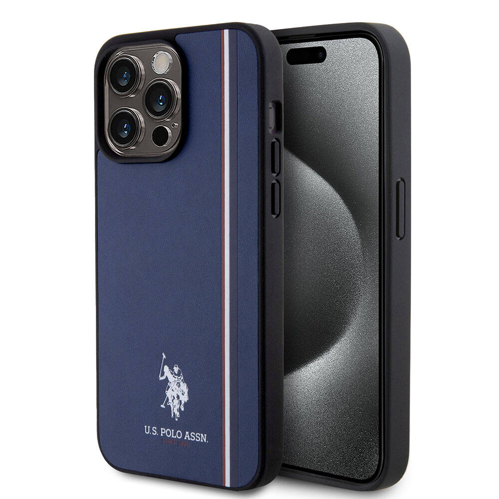 Apple iPhone 15 Pro Max Kılıf U.S. Polo Assn. Orjinal Lisanslı Üç Renk Şerit Tasarımlı Baskı Logolu Kapak Lacivert