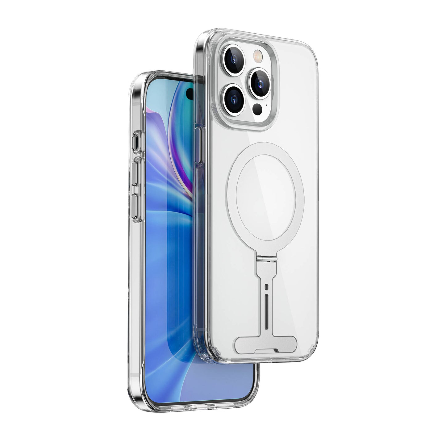 Apple iPhone 15 Pro Max Kılıf Wiwu FYY-014 M-safe Şarj Özellikli Alüminyum Alaşım Metal Standlı Şeffaf Kapak