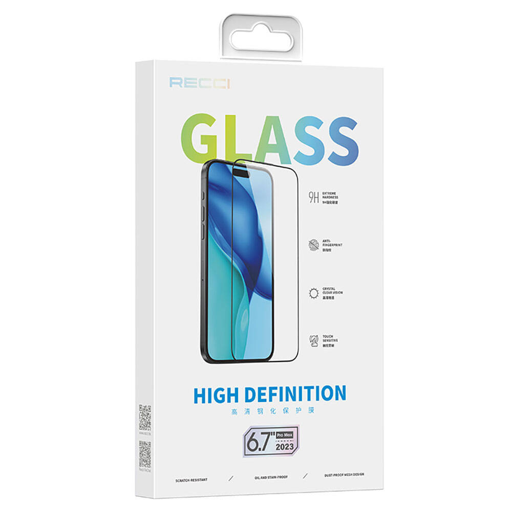 Apple iPhone 15 Pro Recci RSP-A21HD Full Transparan Temperli Cam Ekran Koruyucu Siyah