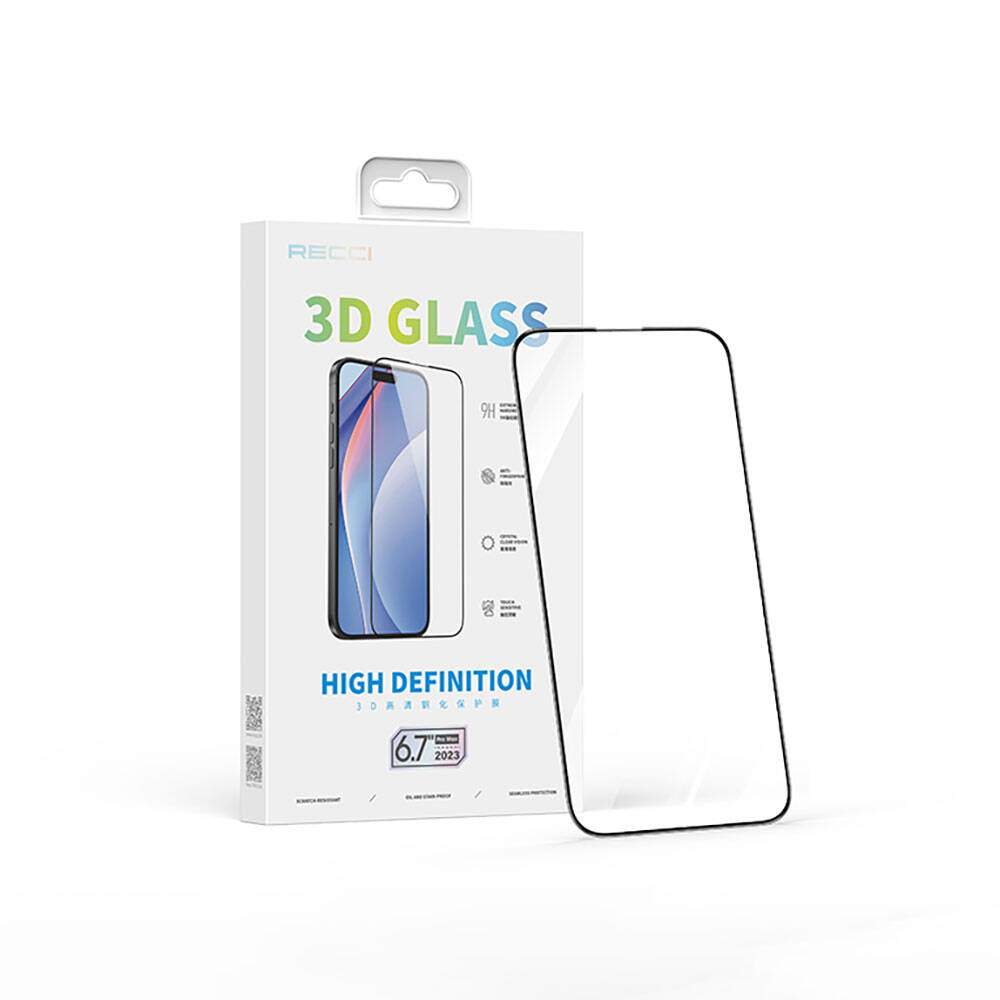 Apple iPhone 15 Recci RSP-A01SD 3D HD Full Transparan Temperli Cam Ekran Koruyucu Siyah