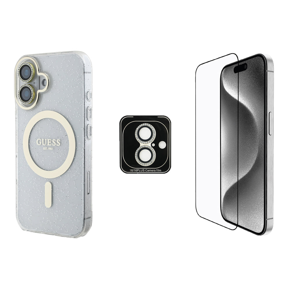 Apple iPhone 16 Guess Orjinal Lisanslı 3'lü Aksesuar Seti IML Baskılı Simli Glitter Kılıf + Ekran Koruyucu + Lens Koruyucu