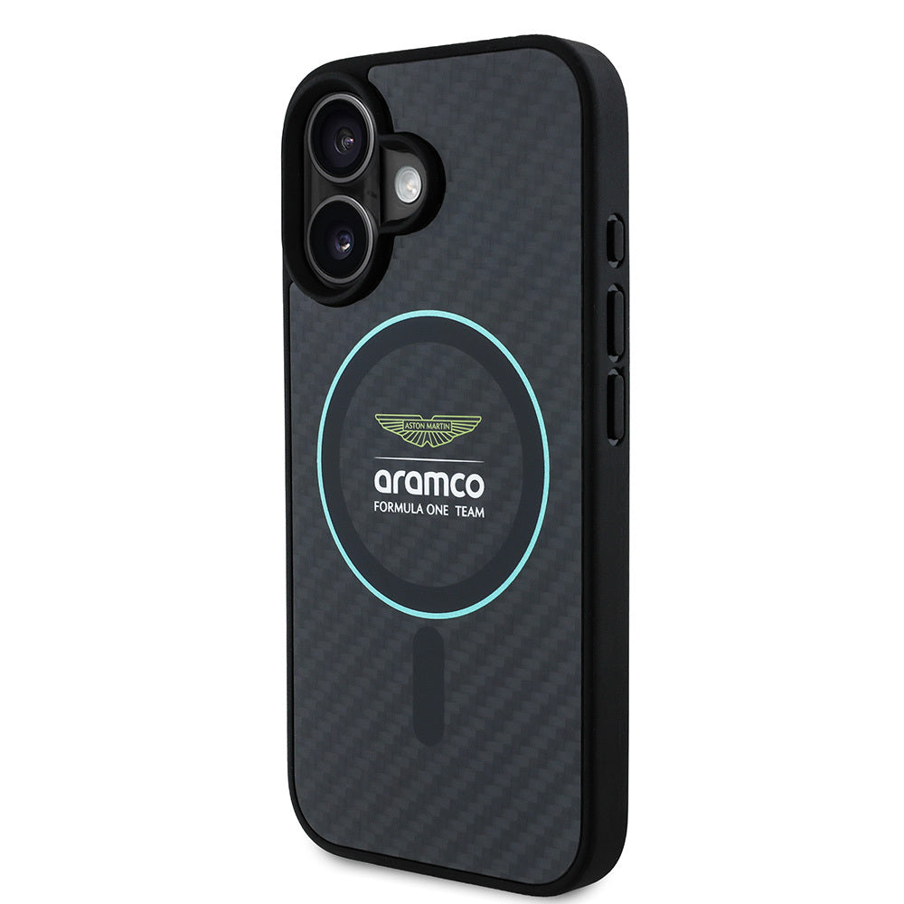 Apple iPhone 16 Kılıf Aston Martin Orjinal Lisanslı M-safe Şarj Özellikli Renkli Halka ve Karbon Fiber Tasarımlı Kapak Siyah-Yeşil