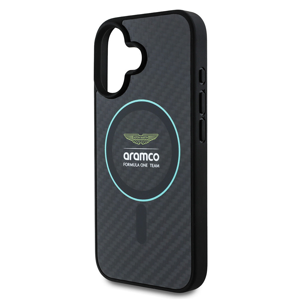 Apple iPhone 16 Kılıf Aston Martin Orjinal Lisanslı M-safe Şarj Özellikli Renkli Halka ve Karbon Fiber Tasarımlı Kapak Siyah-Yeşil