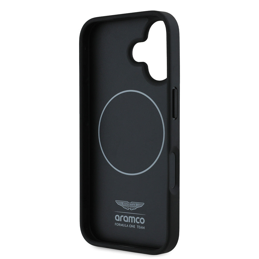 Apple iPhone 16 Kılıf Aston Martin Orjinal Lisanslı M-safe Şarj Özellikli Renkli Halka ve Karbon Fiber Tasarımlı Kapak Siyah-Yeşil