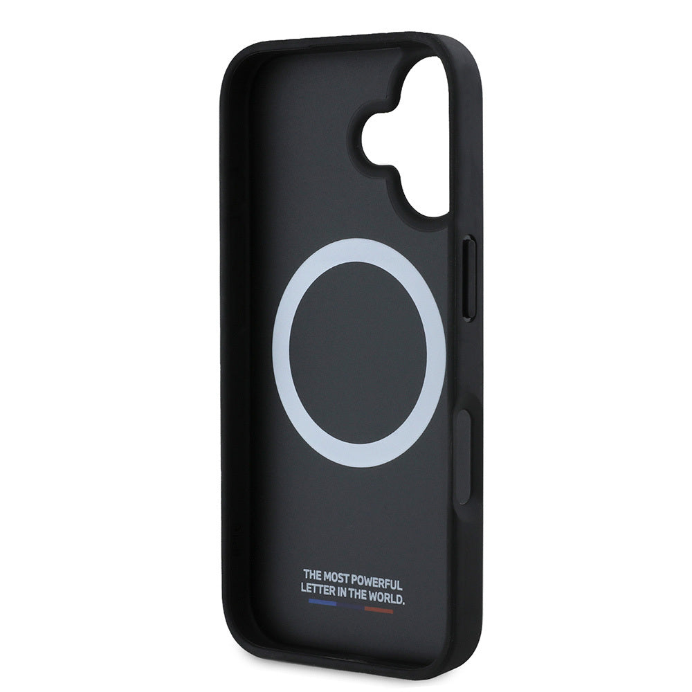 Apple iPhone 16 Kılıf BMW Orjinal Lisanslı M-safe Şarj Özellikli M Logolu Üç Çizgili Delikli Deri Kapak Siyah