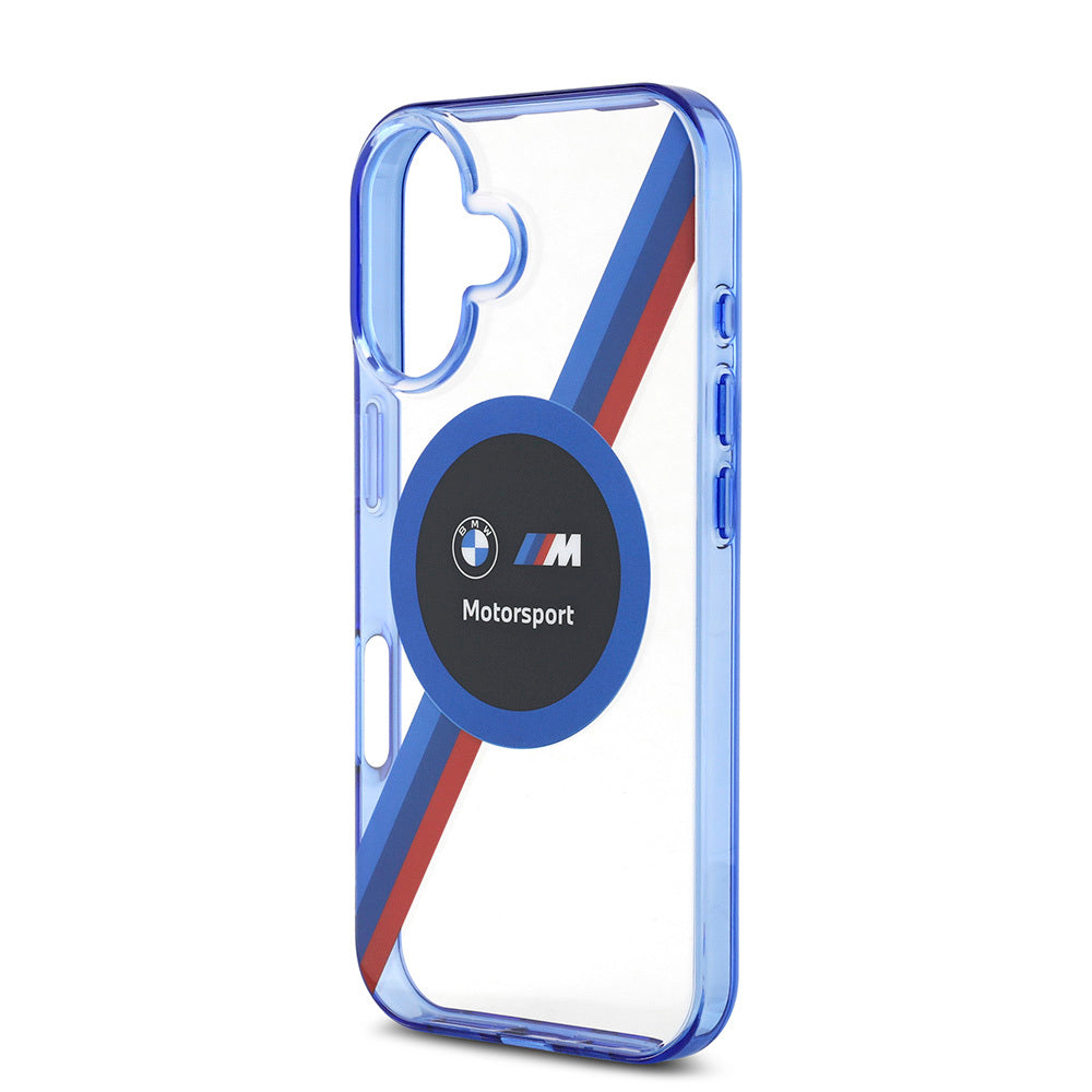 Apple iPhone 16 Kılıf BMW Orjinal Lisanslı M-safe Şarj Özellikli M Logolu Üç Renk Çizgili Motorsport Circle Kapak Şeffaf
