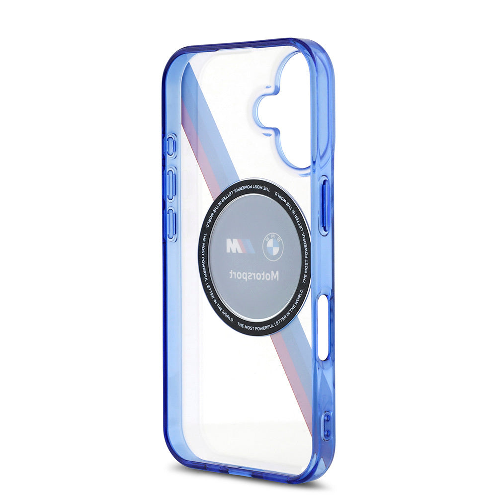 Apple iPhone 16 Kılıf BMW Orjinal Lisanslı M-safe Şarj Özellikli M Logolu Üç Renk Çizgili Motorsport Circle Kapak Şeffaf
