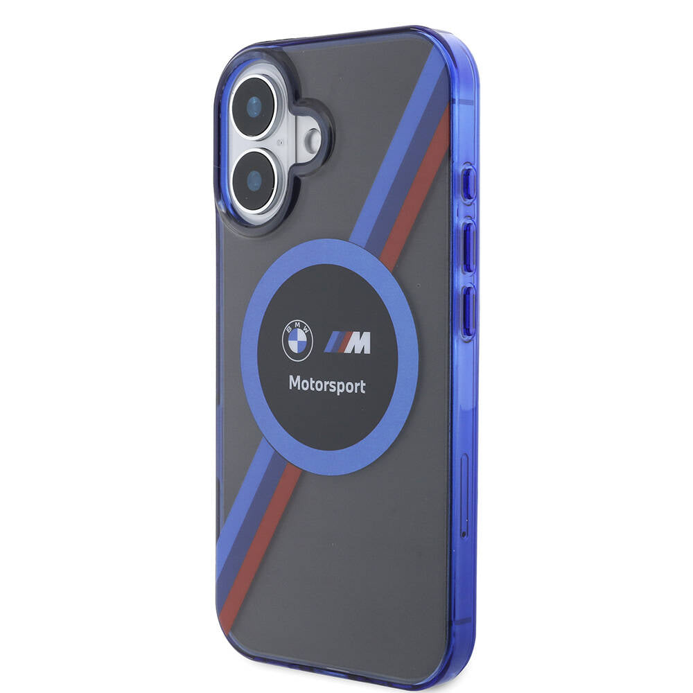 Apple iPhone 16 Kılıf BMW Orjinal Lisanslı M Logolu Üç Renk Çizgili Motorsport Circle Kapak Siyah