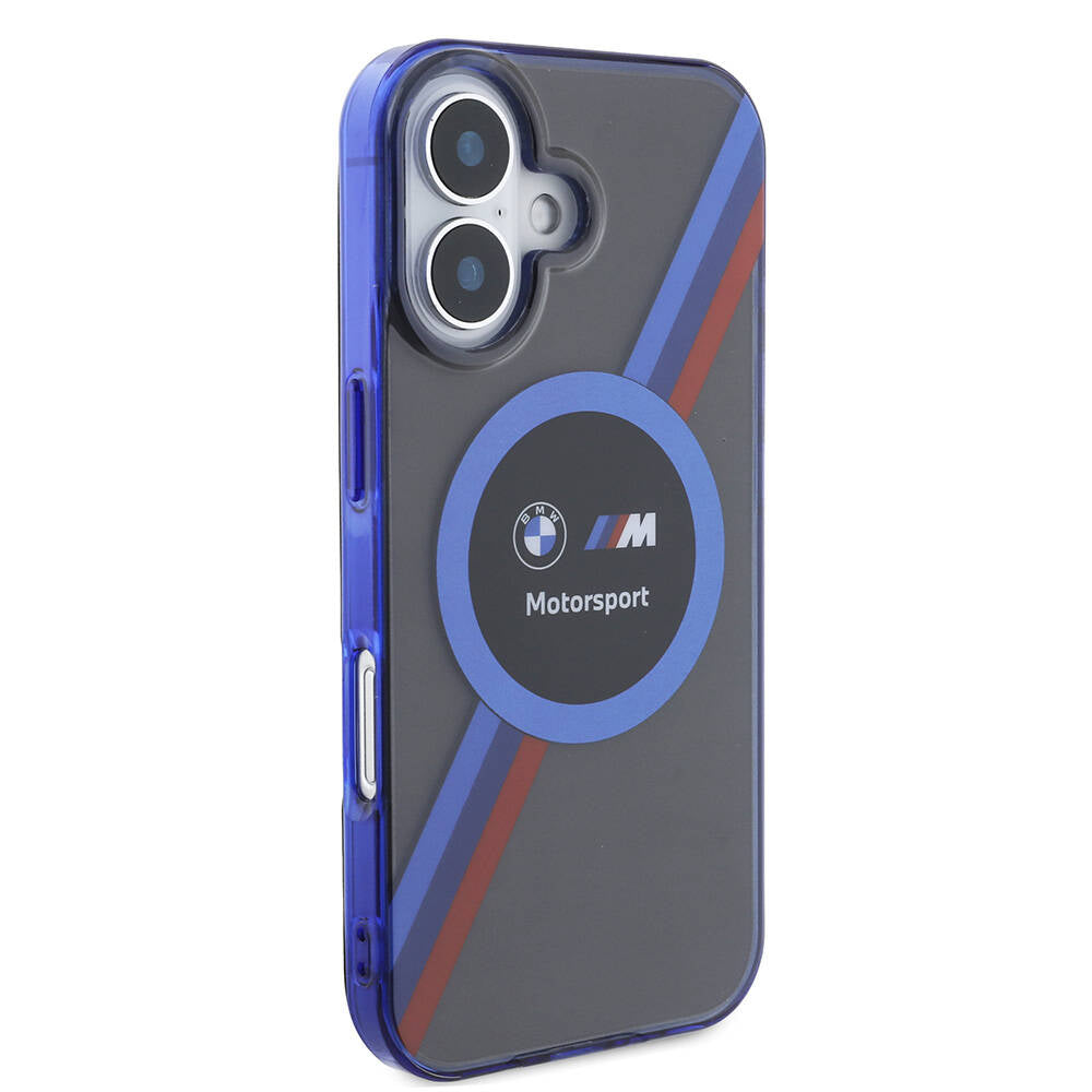 Apple iPhone 16 Kılıf BMW Orjinal Lisanslı M Logolu Üç Renk Çizgili Motorsport Circle Kapak Siyah