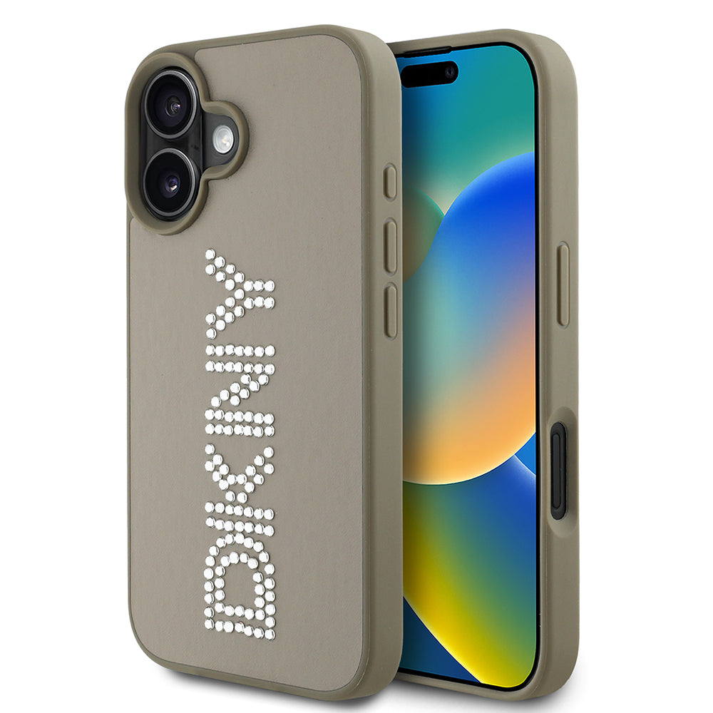 Apple iPhone 16 Kılıf DKNY Orjinal Lisanslı Taşlı DKNY Yazılı Metalik Rhinestones PU Deri Kapak Kahverengi