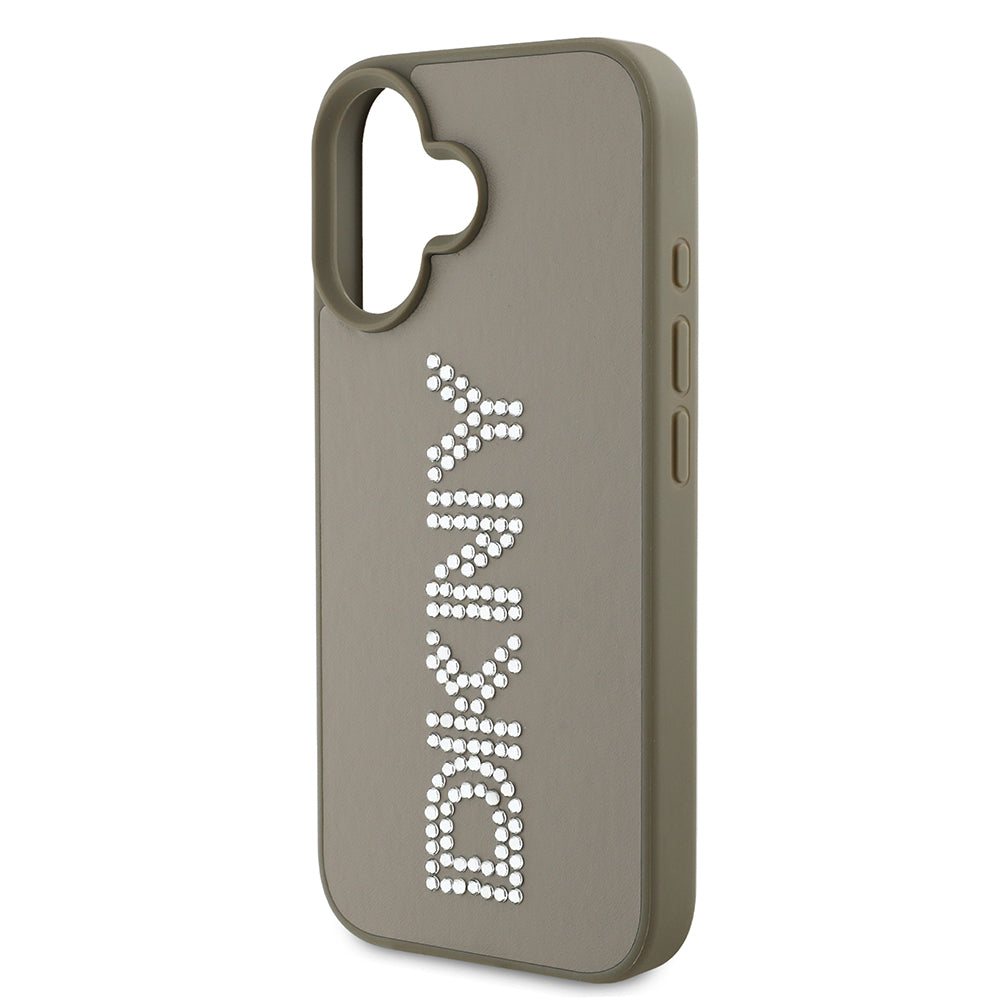 Apple iPhone 16 Kılıf DKNY Orjinal Lisanslı Taşlı DKNY Yazılı Metalik Rhinestones PU Deri Kapak Kahverengi