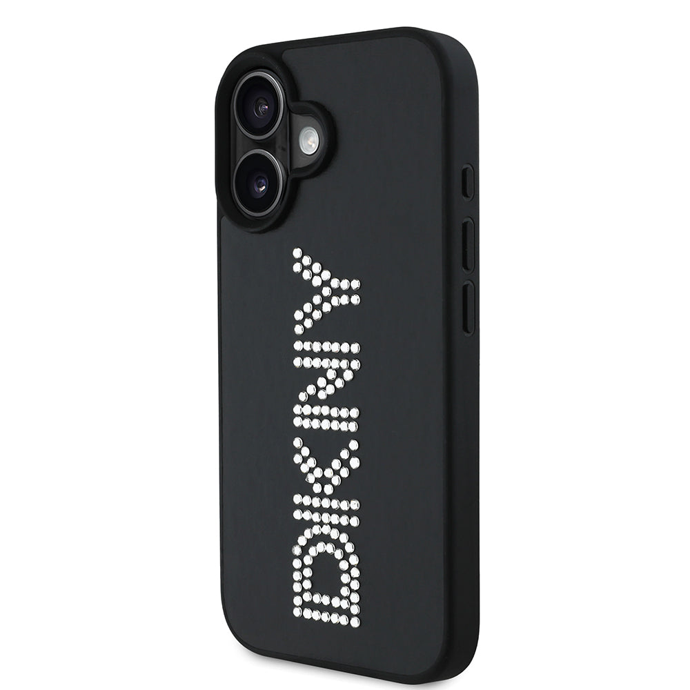 Apple iPhone 16 Kılıf DKNY Orjinal Lisanslı Taşlı DKNY Yazılı Metalik Rhinestones PU Deri Kapak Kahverengi