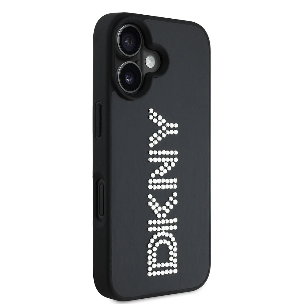 Apple iPhone 16 Kılıf DKNY Orjinal Lisanslı Taşlı DKNY Yazılı Metalik Rhinestones PU Deri Kapak Kahverengi
