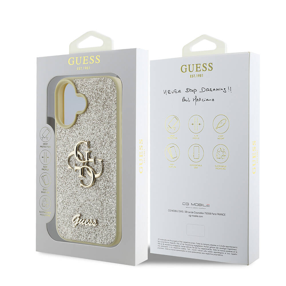 Apple iPhone 16 Kılıf Guess Orjinal Lisanslı 4G Büyük Metal Logolu Glitter Kapak Pembe