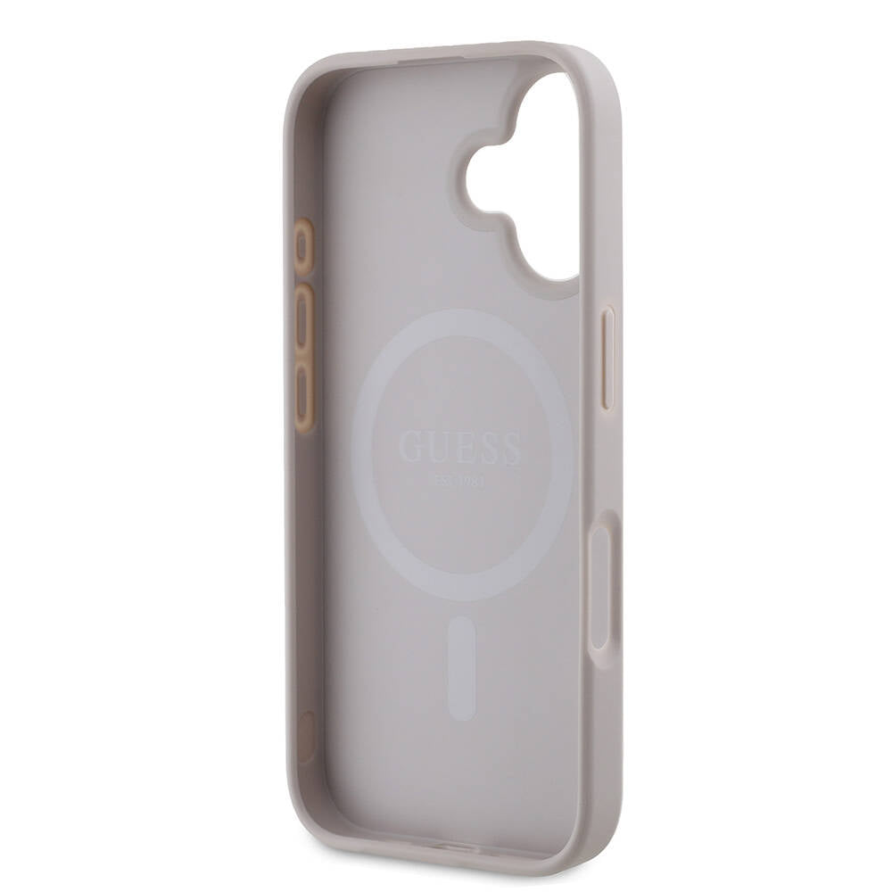 Apple iPhone 16 Kılıf Guess Orjinal Lisanslı M-safe Şarj Özellikli 4G Desenli Yazı Logolu Peony Kapak Kahverengi