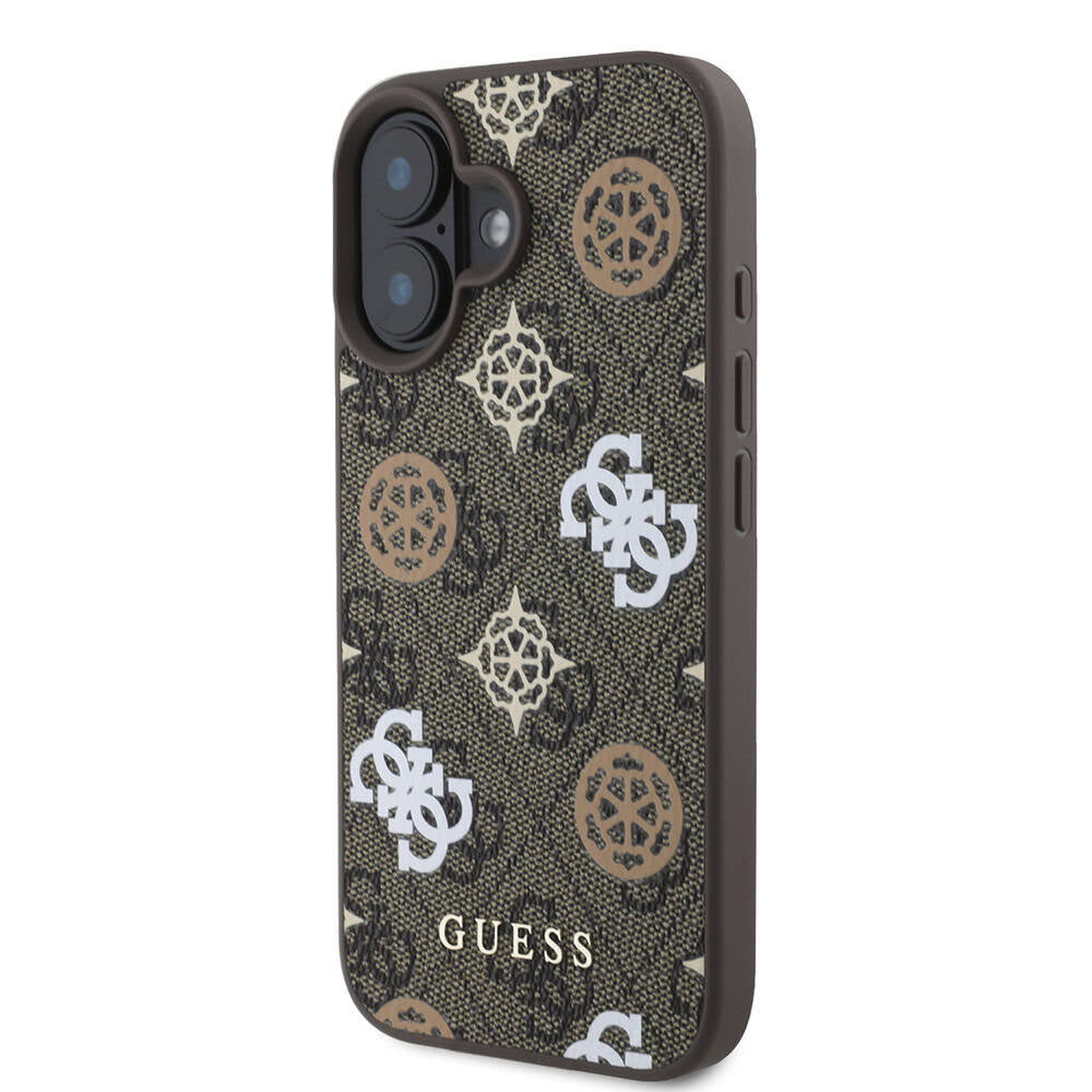 Apple iPhone 16 Kılıf Guess Orjinal Lisanslı M-safe Şarj Özellikli 4G Desenli Yazı Logolu Peony Kapak Kahverengi