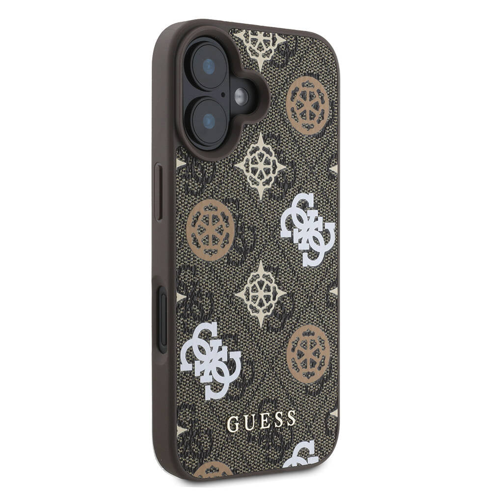 Apple iPhone 16 Kılıf Guess Orjinal Lisanslı M-safe Şarj Özellikli 4G Desenli Yazı Logolu Peony Kapak Kahverengi