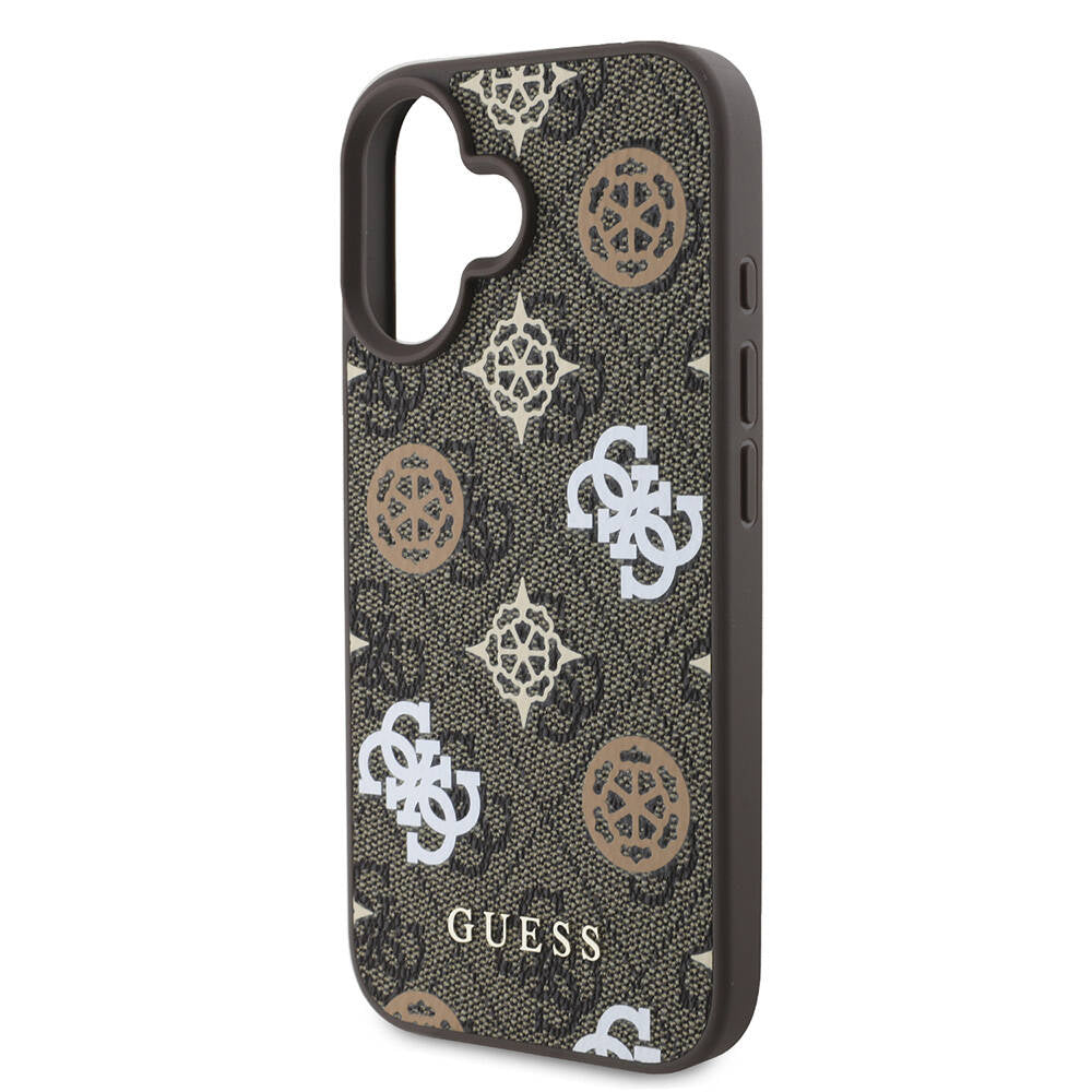 Apple iPhone 16 Kılıf Guess Orjinal Lisanslı M-safe Şarj Özellikli 4G Desenli Yazı Logolu Peony Kapak Kahverengi