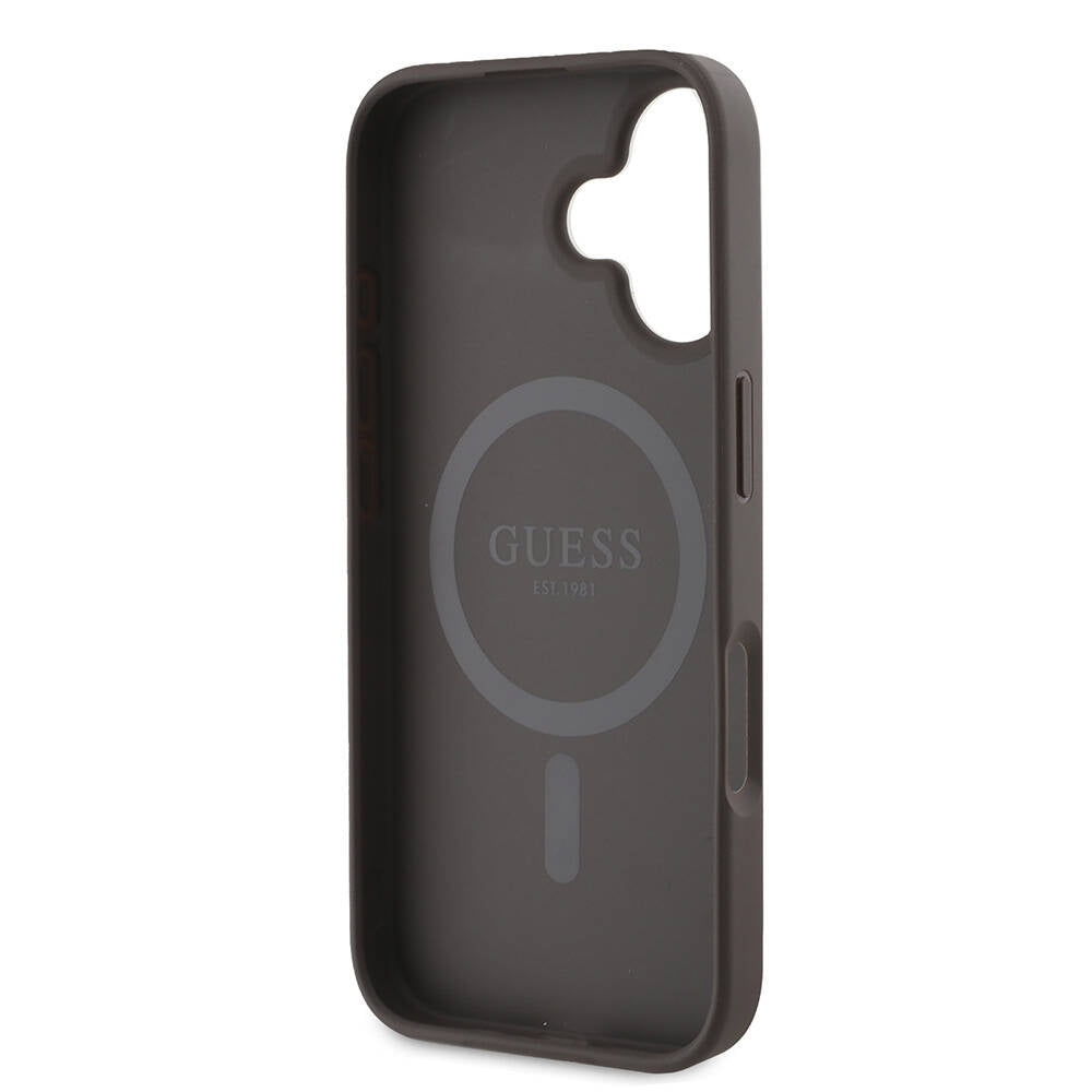 Apple iPhone 16 Kılıf Guess Orjinal Lisanslı M-safe Şarj Özellikli 4G Desenli Yazı Logolu Peony Kapak Kahverengi