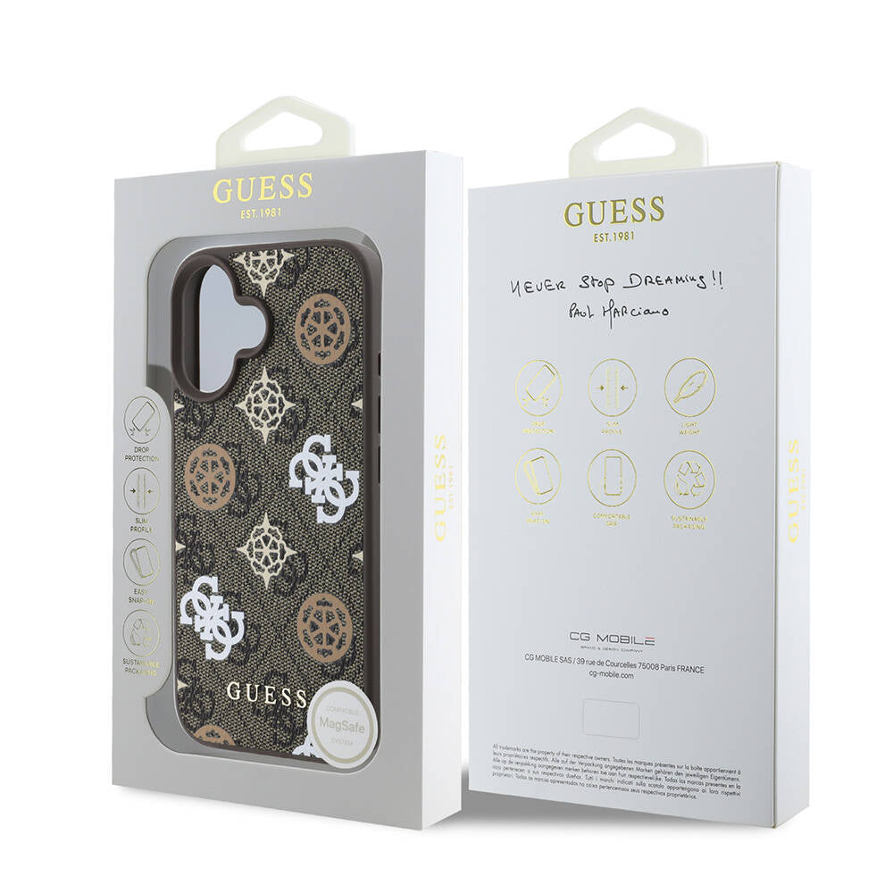 Apple iPhone 16 Kılıf Guess Orjinal Lisanslı M-safe Şarj Özellikli 4G Desenli Yazı Logolu Peony Kapak Kahverengi