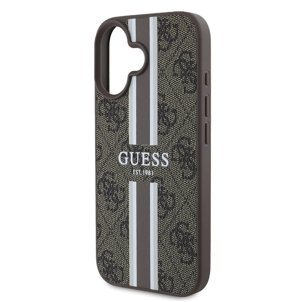 Apple iPhone 16 Kılıf Guess Orjinal Lisanslı M-safe Şarj Özellikli 4G Şerit Tasarımlı Printed Kapak Siyah