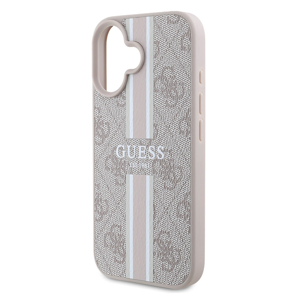 Apple iPhone 16 Kılıf Guess Orjinal Lisanslı M-safe Şarj Özellikli 4G Şerit Tasarımlı Printed Kapak Kahverengi