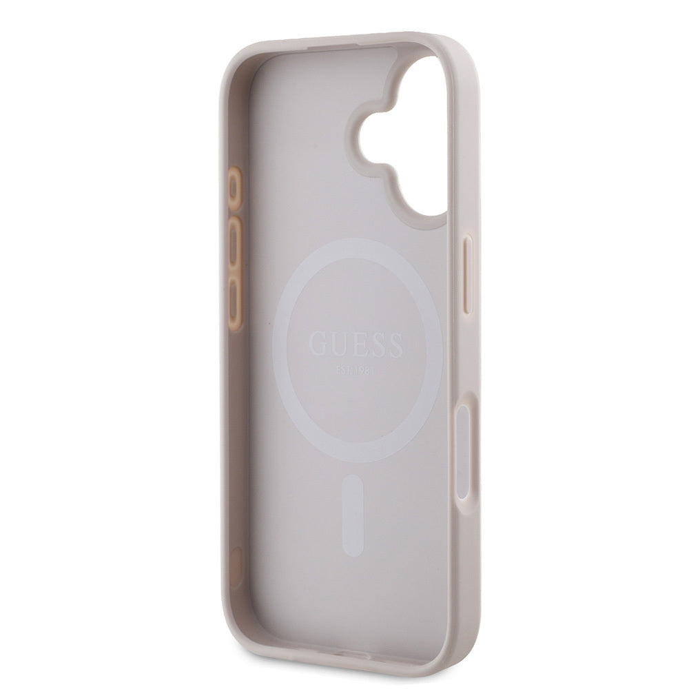 Apple iPhone 16 Kılıf Guess Orjinal Lisanslı M-safe Şarj Özellikli 4G Şerit Tasarımlı Printed Kapak Pembe