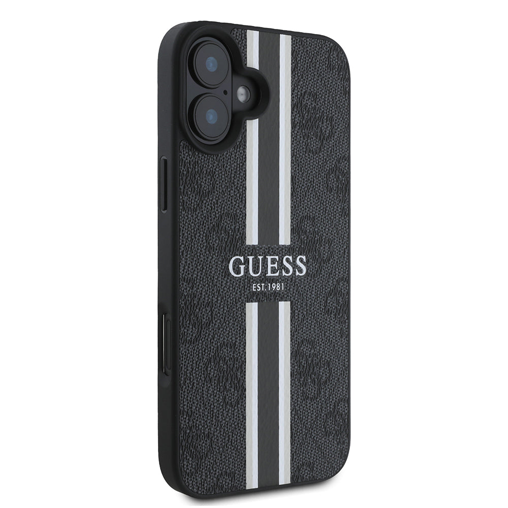 Apple iPhone 16 Kılıf Guess Orjinal Lisanslı M-safe Şarj Özellikli 4G Şerit Tasarımlı Printed Kapak Siyah