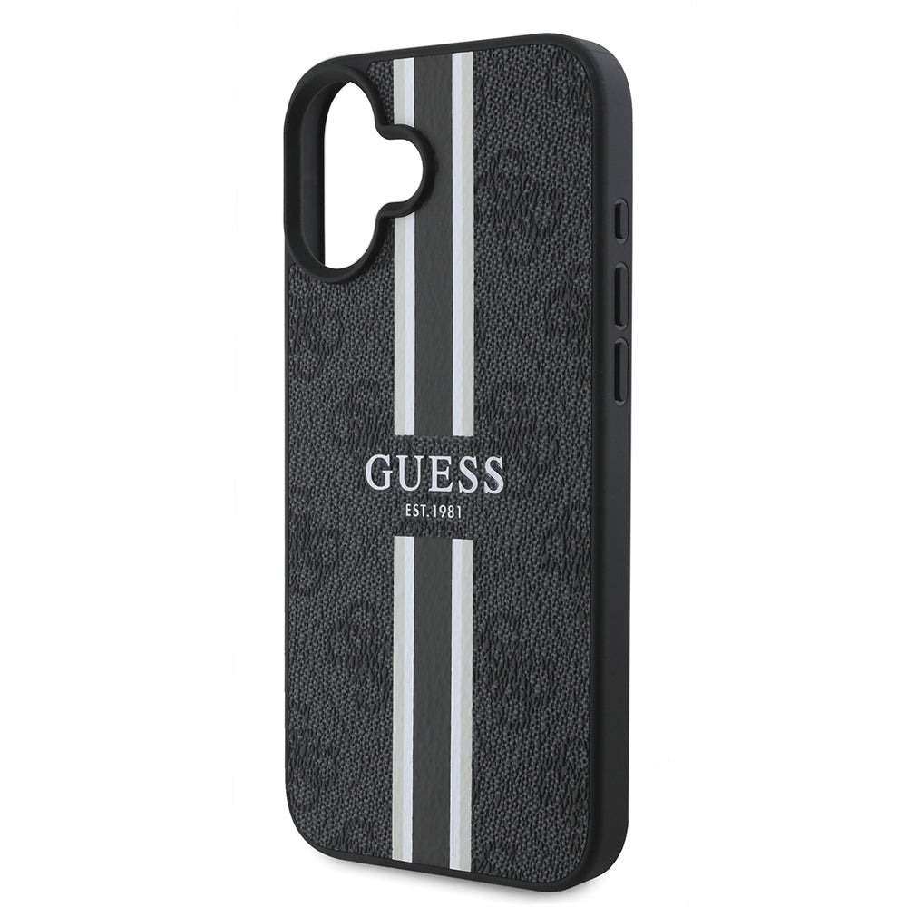 Apple iPhone 16 Kılıf Guess Orjinal Lisanslı M-safe Şarj Özellikli 4G Şerit Tasarımlı Printed Kapak Siyah