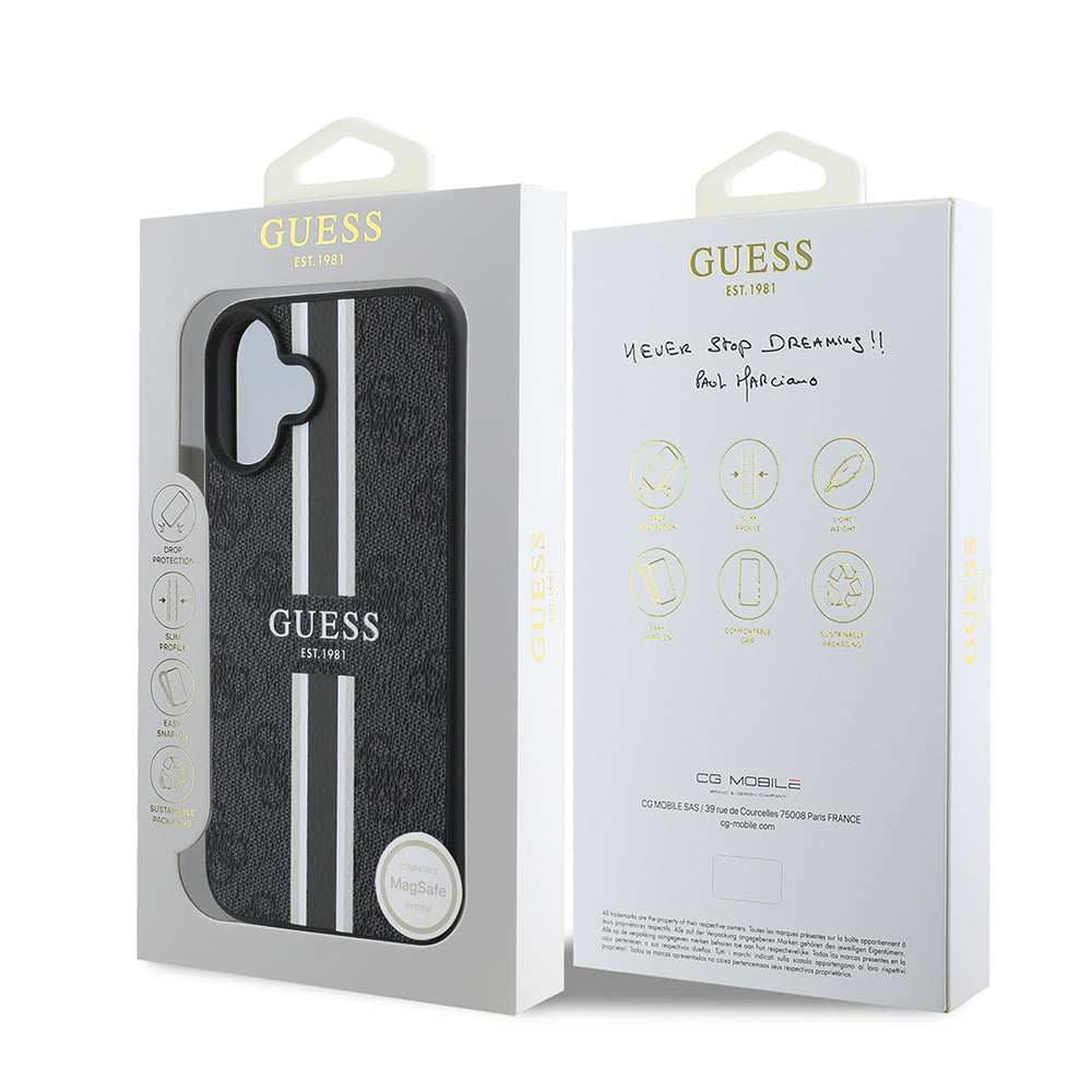 Apple iPhone 16 Kılıf Guess Orjinal Lisanslı M-safe Şarj Özellikli 4G Şerit Tasarımlı Printed Kapak Kahverengi