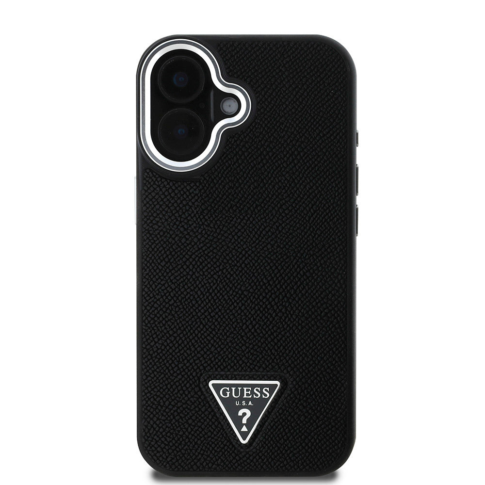 Apple iPhone 16 Kılıf Guess Orjinal Lisanslı M-safe Şarj Özellikli Grained Triangle Kapak Kahverengi