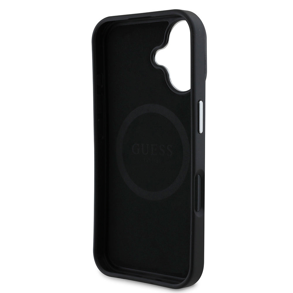 Apple iPhone 16 Kılıf Guess Orjinal Lisanslı M-safe Şarj Özellikli Grained Triangle Kapak Siyah