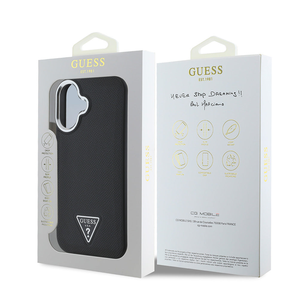 Apple iPhone 16 Kılıf Guess Orjinal Lisanslı M-safe Şarj Özellikli Grained Triangle Kapak Kahverengi