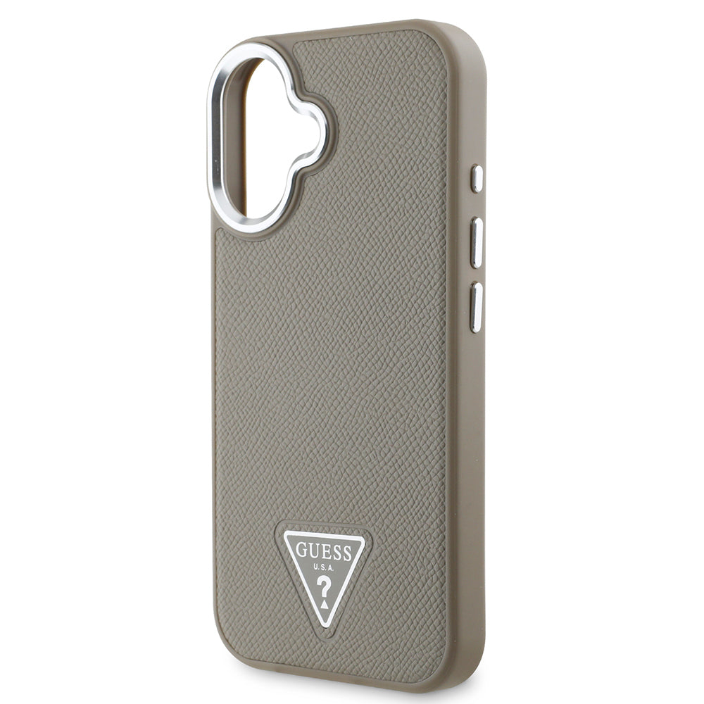 Apple iPhone 16 Kılıf Guess Orjinal Lisanslı M-safe Şarj Özellikli Grained Triangle Kapak Kahverengi