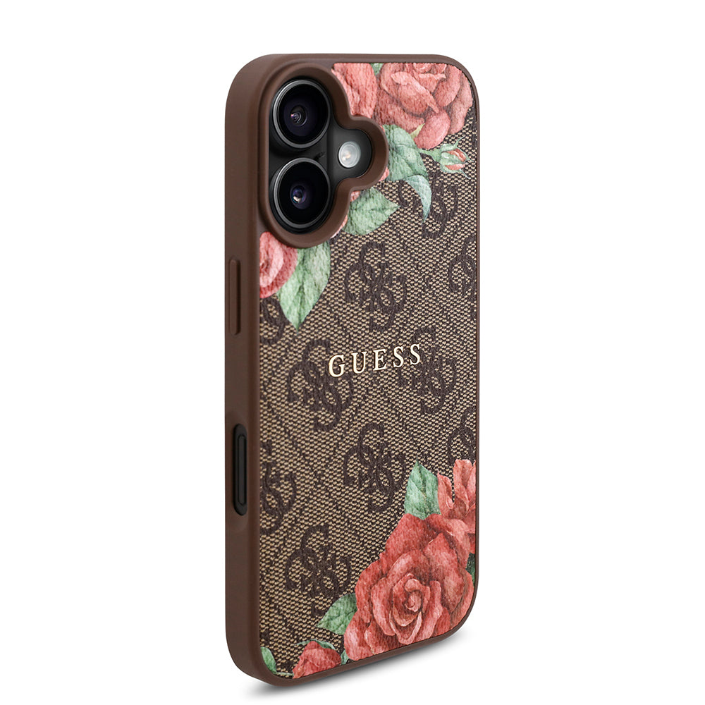 Apple iPhone 16 Kılıf Guess Orjinal Lisanslı M-safe Şarj Özellikli Gül Baskılı 4G Desenli Yazı Logolu Kapak Siyah