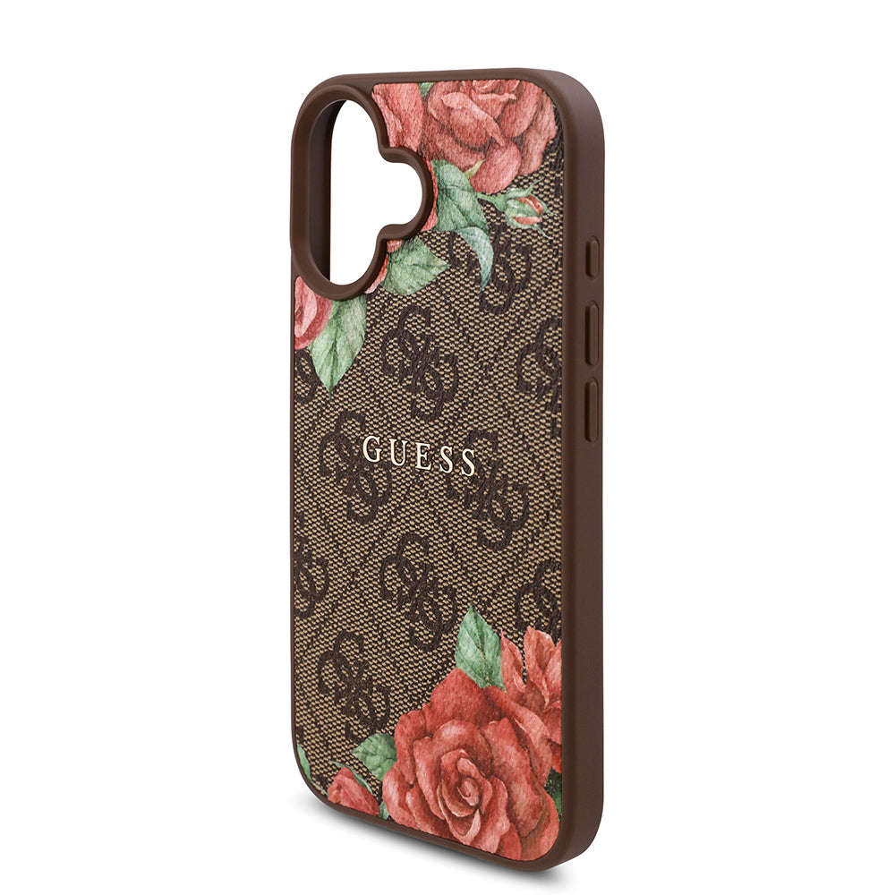 Apple iPhone 16 Kılıf Guess Orjinal Lisanslı M-safe Şarj Özellikli Gül Baskılı 4G Desenli Yazı Logolu Kapak Siyah
