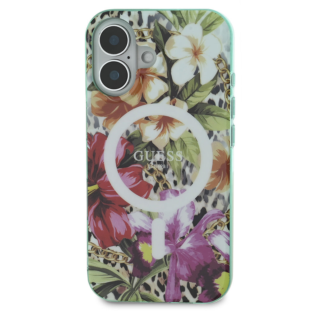 Apple iPhone 16 Kılıf Guess Orjinal Lisanslı M-safe Şarj Özellikli IML Baskılı Jungle Ring Kapak Yeşil