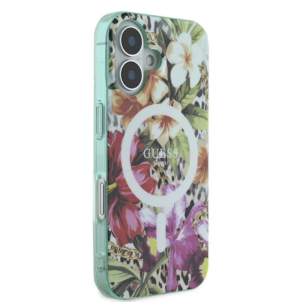 Apple iPhone 16 Kılıf Guess Orjinal Lisanslı M-safe Şarj Özellikli IML Baskılı Jungle Ring Kapak Yeşil