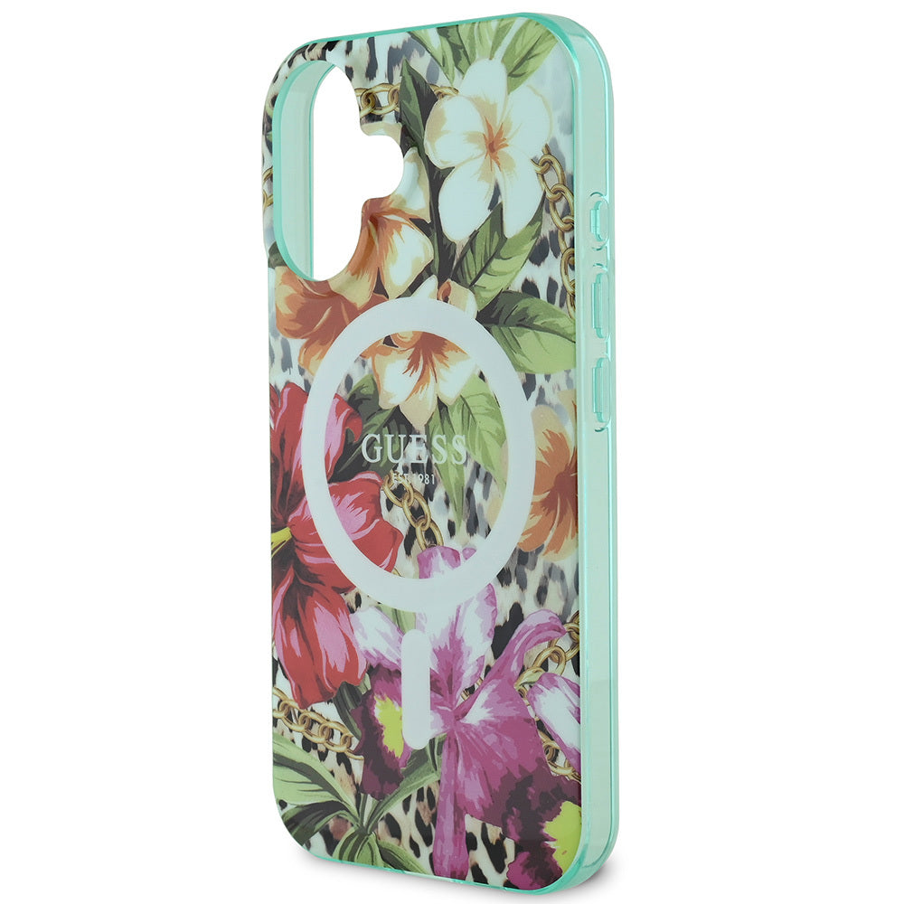 Apple iPhone 16 Kılıf Guess Orjinal Lisanslı M-safe Şarj Özellikli IML Baskılı Jungle Ring Kapak Yeşil