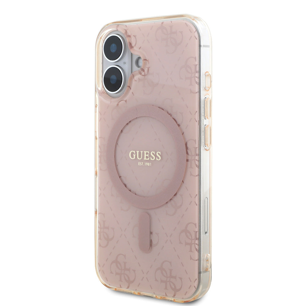 Apple iPhone 16 Kılıf Guess Orjinal Lisanslı M-safe Şarj Özellikli IML Baskılı Klasik Logolu 4G Desenli Kapak Pembe