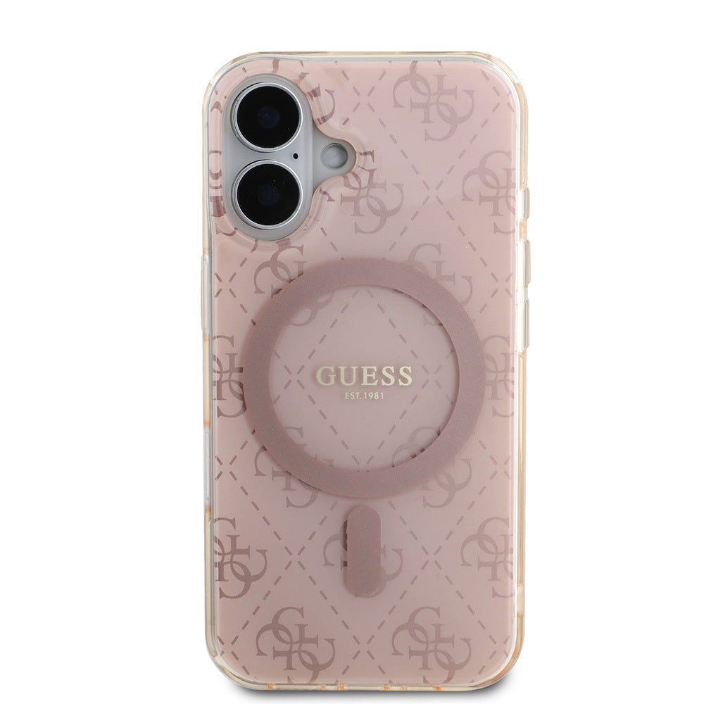 Apple iPhone 16 Kılıf Guess Orjinal Lisanslı M-safe Şarj Özellikli IML Baskılı Klasik Logolu 4G Desenli Kapak Pembe