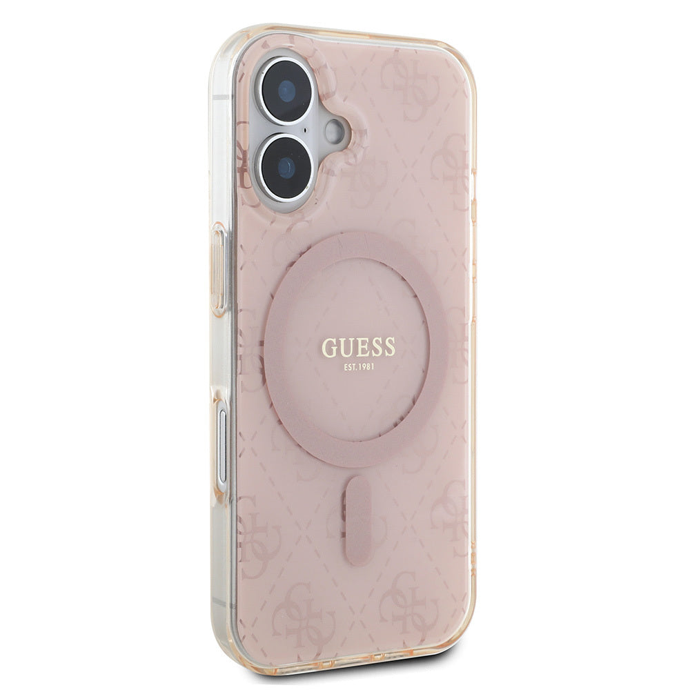 Apple iPhone 16 Kılıf Guess Orjinal Lisanslı M-safe Şarj Özellikli IML Baskılı Klasik Logolu 4G Desenli Kapak Kahverengi