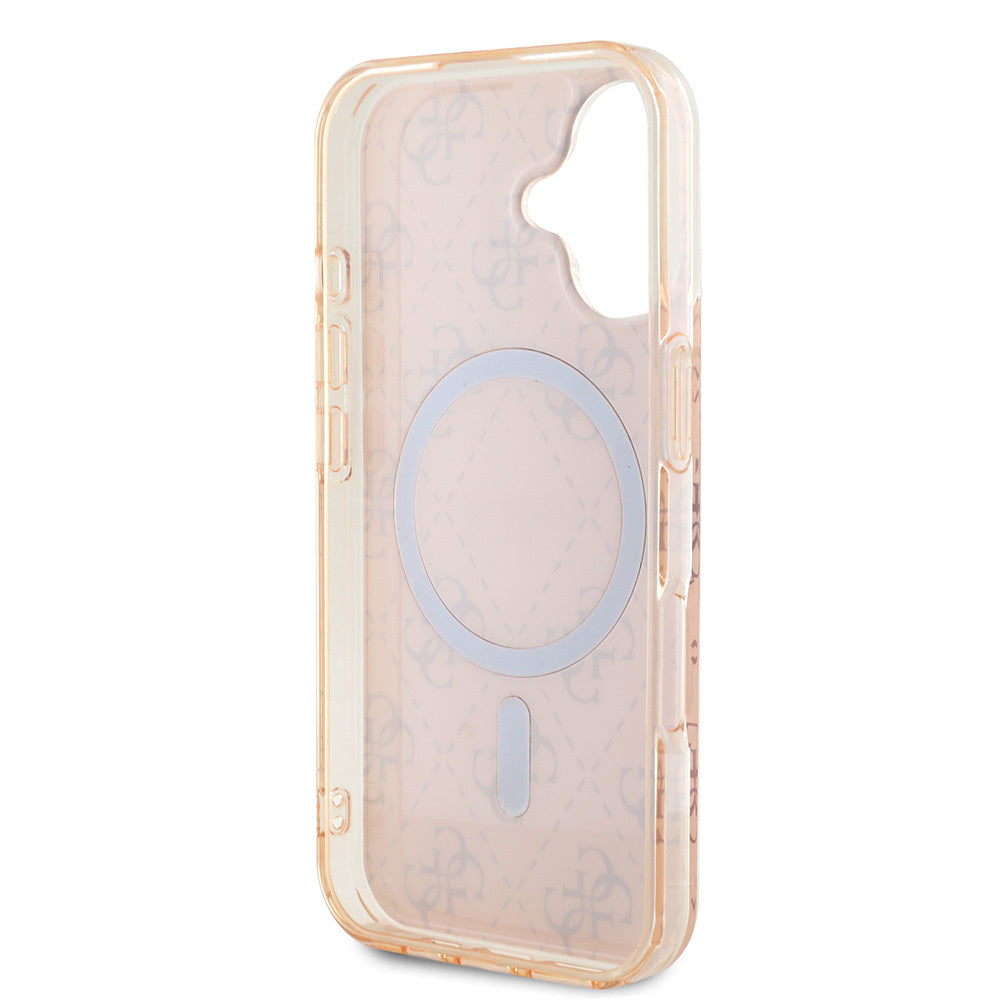 Apple iPhone 16 Kılıf Guess Orjinal Lisanslı M-safe Şarj Özellikli IML Baskılı Klasik Logolu 4G Desenli Kapak Pembe