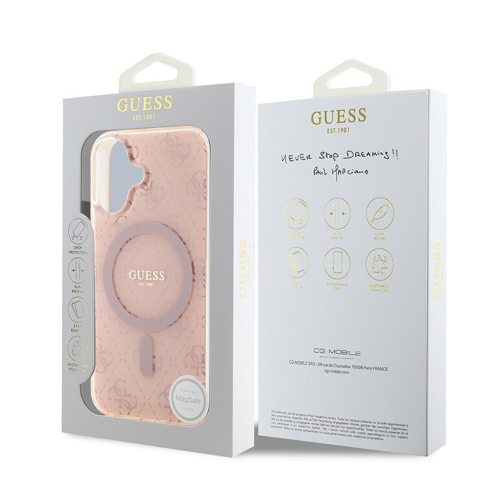 Apple iPhone 16 Kılıf Guess Orjinal Lisanslı M-safe Şarj Özellikli IML Baskılı Klasik Logolu 4G Desenli Kapak Pembe