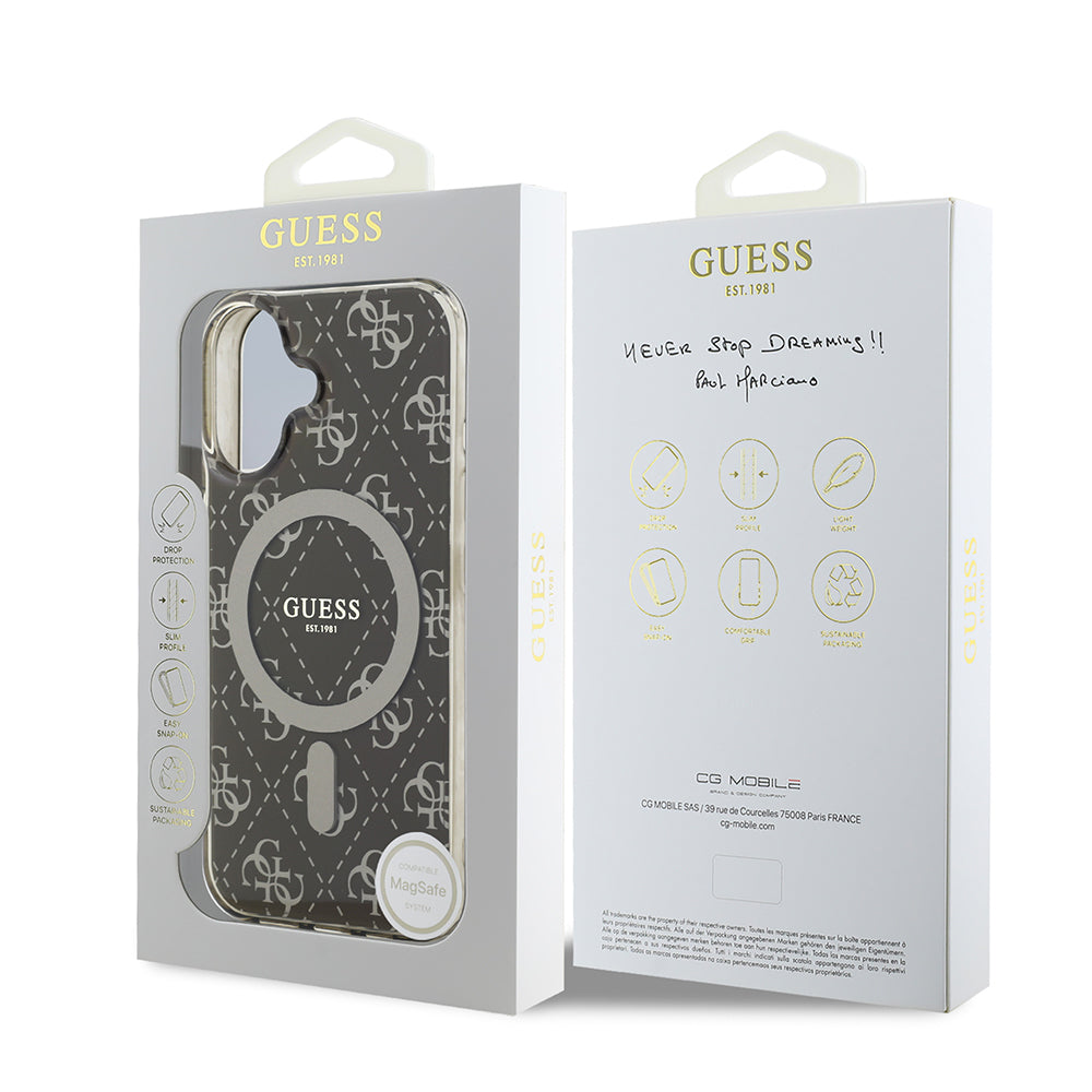 Apple iPhone 16 Kılıf Guess Orjinal Lisanslı M-safe Şarj Özellikli IML Baskılı Klasik Logolu 4G Desenli Kapak Kahverengi