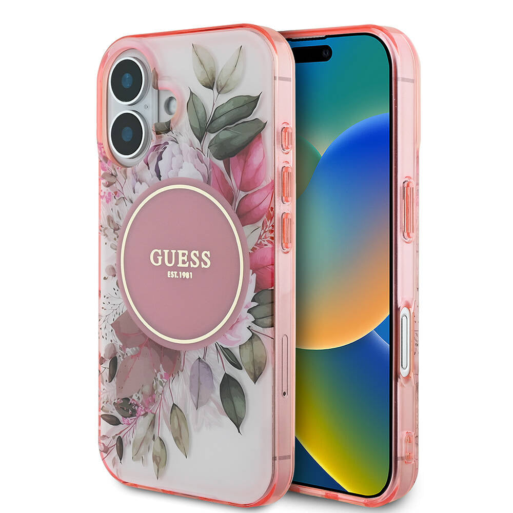 Apple iPhone 16 Kılıf Guess Orjinal Lisanslı M-safe Şarj Özellikli IML Baskılı Yazı Logolu Flower Tonal Circle Kapak